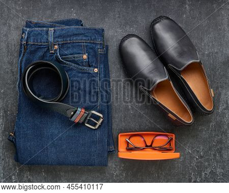 Jeans, Moccasins, Waist Belt And Glasses, Casual And Stylish Mens Clothing