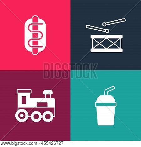 Set Pop Art Paper Glass With Water, Toy Train, Drum Drum Sticks And Hotdog Sandwich Icon. Vector