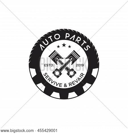 Auto Parts In Gear, Auto Piston, Tire, Logo Design. Automotive Parts, Automobile Detail And Repairin