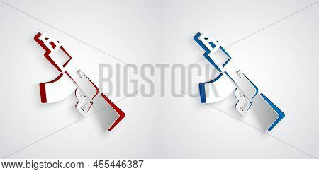 Paper Cut Submachine Gun Icon Isolated On Grey Background. Kalashnikov Or Ak47. Paper Art Style. Vec