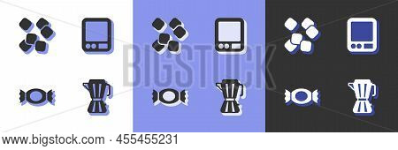 Set Coffee Maker Moca Pot, Sugar Cubes, Candy And Electronic Coffee Scales Icon. Vector