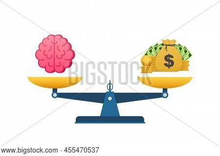 For Concept Design. Vector Illustration Of Mechanism To Compare Value Of Brainwork And Money On Scal