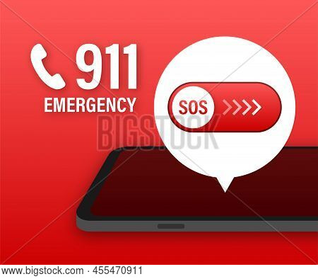 911 Smartphone In Flat Style. Call Icon Vector. Hand Holding Smartphone. First Aid. Finger Touch Scr
