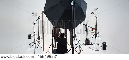 Studio Video Production Lighting Set. Behind The Scenes Shooting Production Set Up