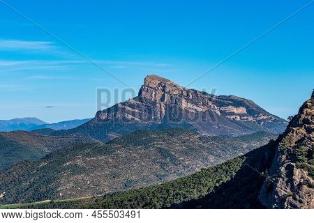 View From Viewpoint Santa Cruz De La Seros, Huesca, Spain. The Mountains In The Background And The B