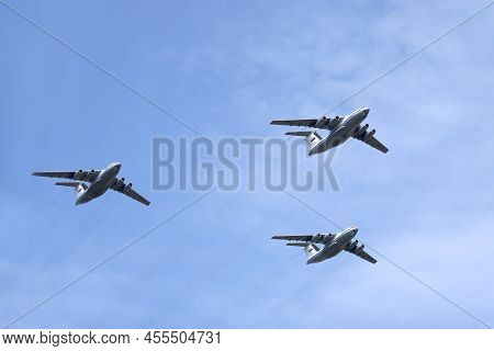 Moscow, Russia - May 7, 2022: Three Russian Military Transport Planes Il-76md (candid) In Clear Blue