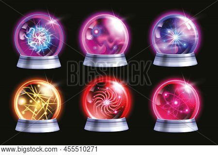 Magic Crystal Ball Vector Set, Witch Fortune Sphere, Glass Energy Purple Globe 3d Neon Light Circle.