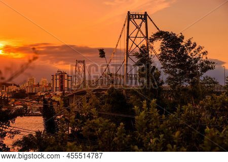 Hercilio Luz Cable Bridge With Sunset Sky In Florianopolis, Brazil