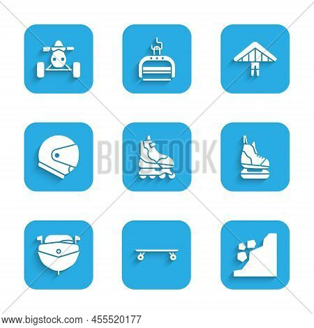Set Roller Skate, Longboard Or Skateboard, Landslide, Skates, Speedboat, Helmet, Hang Glider And Atv