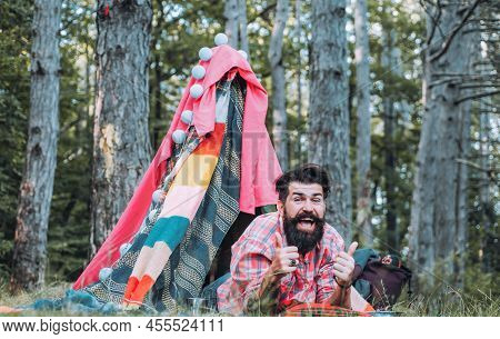 Travel Homemade Tent. Traveling And Camping With A Tent. Homemade Tent - Hut. Camping Lifestyle. Car
