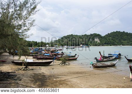 View Landscape Seascape And Local Thai Fisher People Floating Stop Fishing Boat Ship In Sea Waiting 