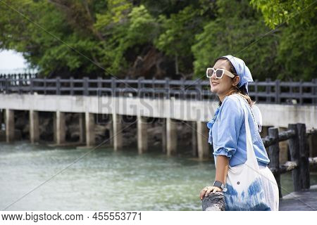 Travelers Thai Women Travel Visit And Walk Posing Portrait On Stone Bridge Of Time Travel Journey Zo