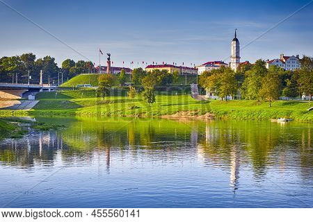 Belarus Travel Destinations. Cityscape Of Mogilev City At Daytime Across The Dubrovenka River With B