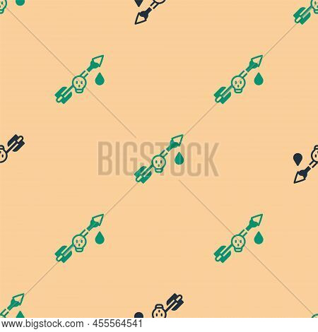 Green And Black Poison On The Arrow Icon Isolated Seamless Pattern On Beige Background. Poisoned Arr