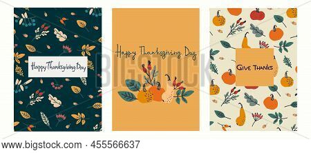 Happy Thanksgiving Cards Set Hand-lettered Greeting Phrase, Decoration With Pumpkins, Leaves, Berrie