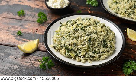 Spanakorizo, Greek Spinach Rice. Healthy Vegetarian Food.
