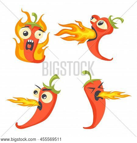 Burning Pepper Character. Cartoon Funny Hot Chilli Peppers, Burn Chilly Characters Different Chili F