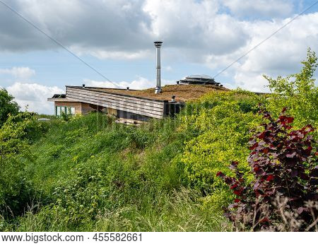 Roof Of Modern Self Sufficient Earth House With Soil Against The Walls
