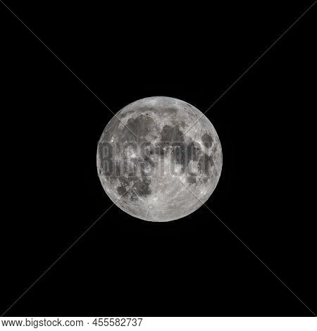 Detailed Image Of The Full Moon. Full Moon Against The Black Night Sky. Full Moon Background Isolate