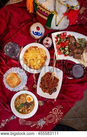 National Kazakh Festive Table Top View. Kazakh Table-dastarkhan With Different Dishes