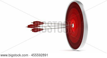 Arrow Hit On The Bulleye Of Target Board, 3d Rendering