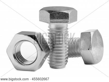 Metal Hex Bolts With Nut On White Background