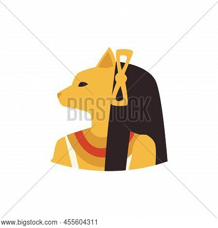 Bastet Egyptian Goddess With Cat Face, Flat Vector Illustration Isolated On White Background.