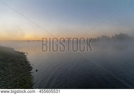 Fog Over The River At Dawn. Chirko-kem River. Karelia, Russia. August.