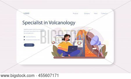 Volcanologist Web Banner Or Landing Page. Geologist Studying The Processes