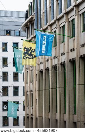 Brussels Business District, Brussels Capital Region - Belgium - 02 04 2020 Facade And Flags Of The O