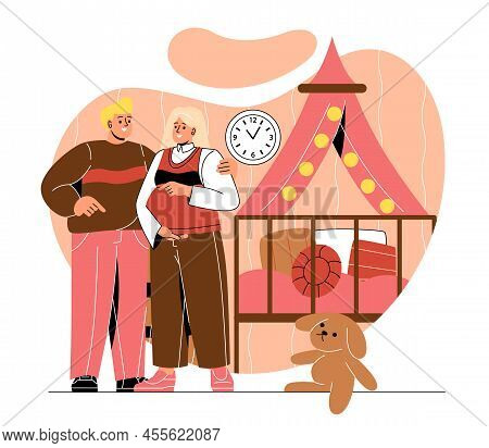 Pregnant Women Concept. Man And Girl Standing In Childrens Room. Husband And Wife Next To Cradle, Fu