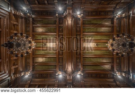 Anderlecht, Brussels Capital Region - Belgium- 02 28 2020 Decorated Ceiling With Wood And Vintage Ch