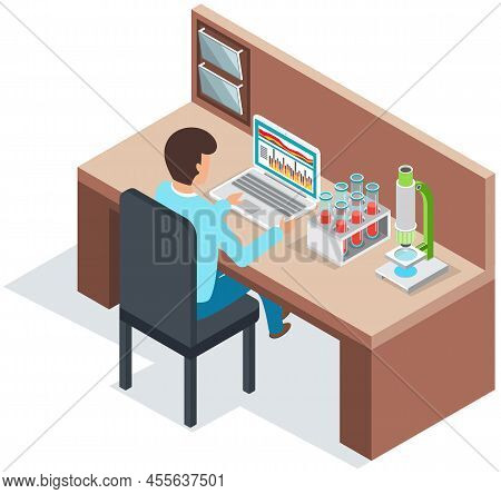 Organization Of Workplace Of Man Scientist. Male Researcher Sitting At Table With Technology And Equ