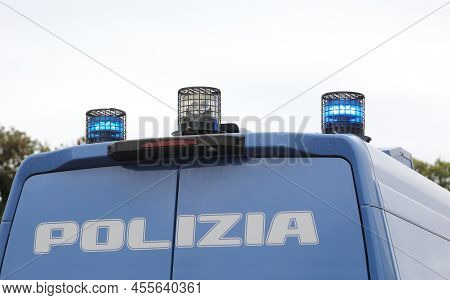 Italian Polizia Van With Large Text Polizia And Flashing Blue Sirens Not Usable For Advertising Purp