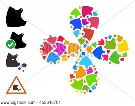 Pork Head Icon Multi Colored Exploding Flower Cluster Shape. Object Flower With 4 Petals Composed Fr
