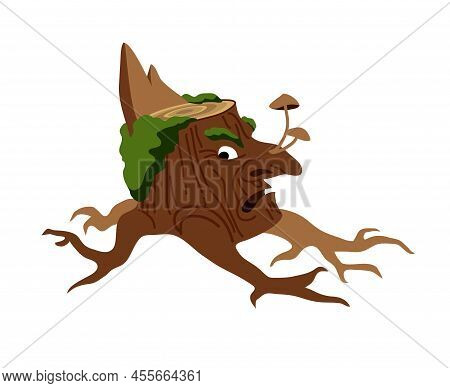 A Living Old Wooden Stump. A Fantastic Character. The Spirit Of The Forest. Color Vector Illustratio
