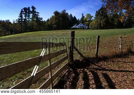 Fence Shadows And An Open Field And Pasture In Front Of The Carl Sandburg Home National Historic Sit