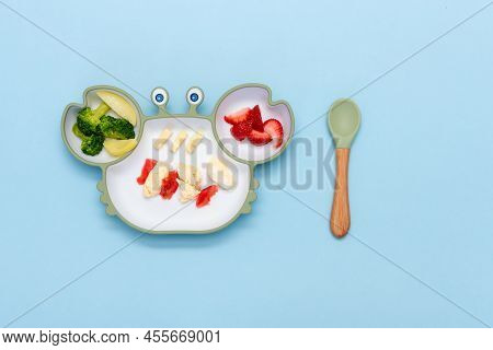 Baby Led Weaning, Blw. First Baby Food. Silicon Plate With Mixed Vegetable. Healthy Nutrition For Ki