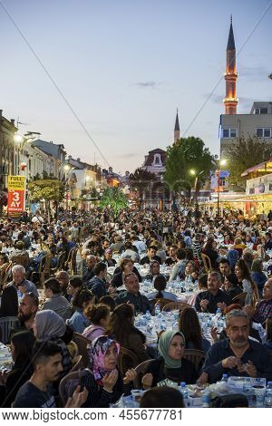 Edirne, Turkey - April 27, 2022: Muslim People Who Are Fasting Wait For The Adhan (ezan) And Evening