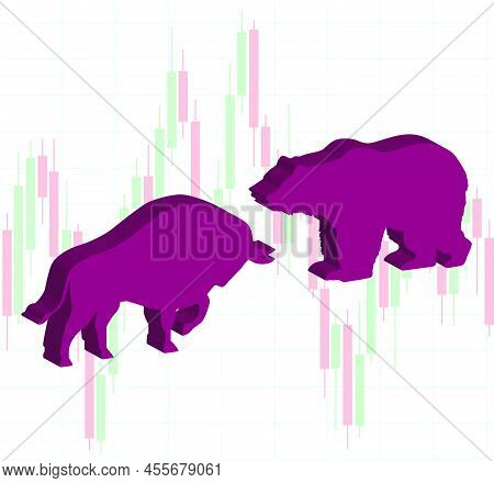 Illustration Of Link Bull And Bear And Stock Market Graph Blur. With White Background