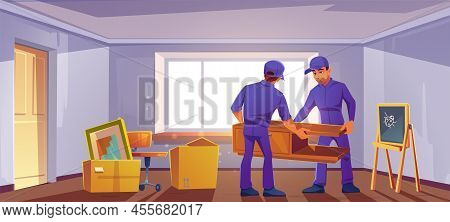 Move To New House Concept. Loaders Bringing Furniture And Boxes In Room. Home With Cardboard Contain
