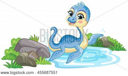 Colorful Horizontal Illustration With Cute Dinosaur Plesiosaurus Swims In The Water. Children Cartoo