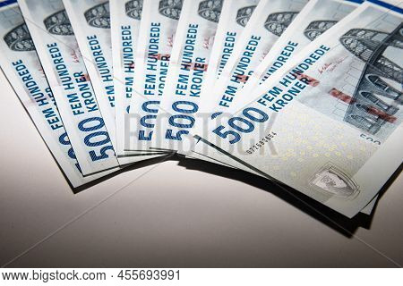 Money Of Denmark. Danish Kroner Bills. Dkk Banknotes. 500 Kroner. Business, Finance, News Background