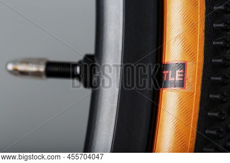 Shallow Tread Of A Bicycle Tubeless Tire With A Brown Sidewall