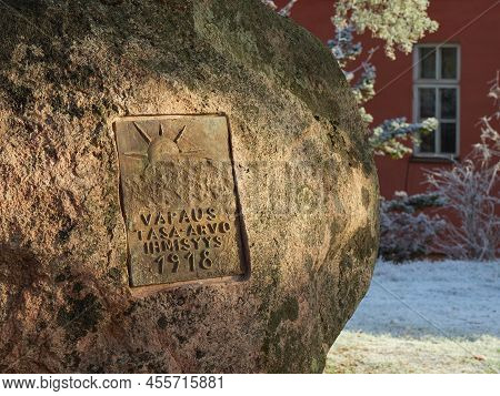 Finland, Kerava - November 15, 2021. Monument In Finnish Kerava Town On Aurinkomaki Hill To The Fall
