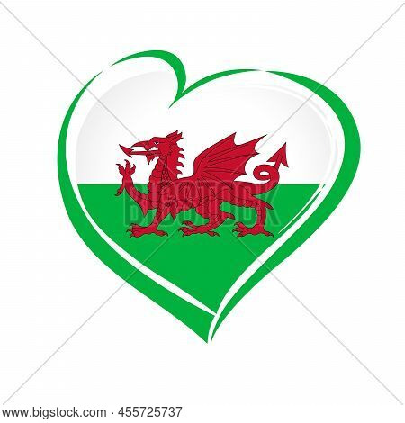Love Wales Flag Emblem. Welsh National Holiday Banner With Heart In Flag Colors. Vector Illustration