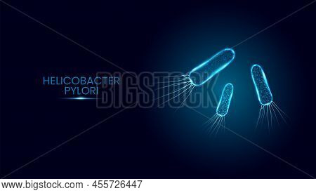 Helicobacter Pylori. Wireframe Low Poly Style. Glowing Polygonal Bacteria Cells Isolated On Dark Blu