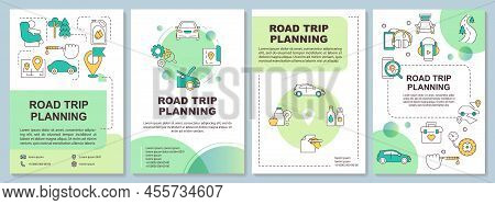 Road Trip Planning Green Brochure Template. Car Tourism. Leaflet Design With Linear Icons. Editable 