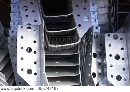 Metal Construction Support Beam, Universal Column Or Iron Structural Profile. Set Of Steel Structure