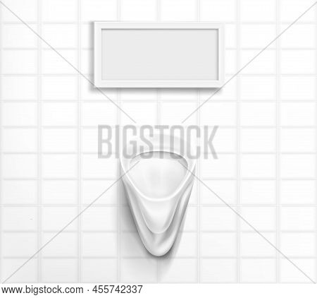 White Ceramic Urinal In Male Toilet. Vector Realistic Interior Of Public Restroom For Men With Pisso